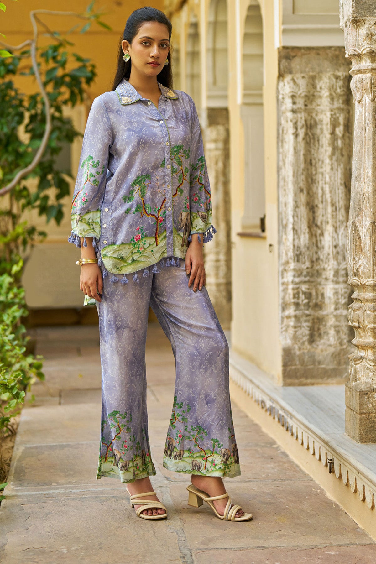 Purple Crepe Silk Handwork Cord Set