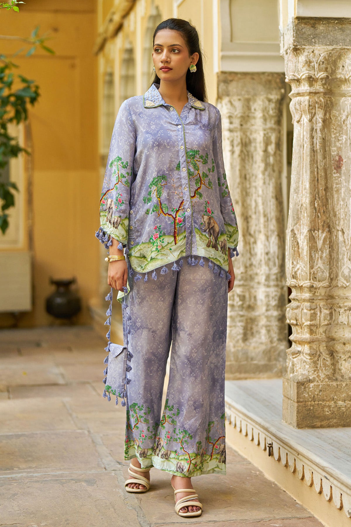 Purple Crepe Silk Handwork Cord Set