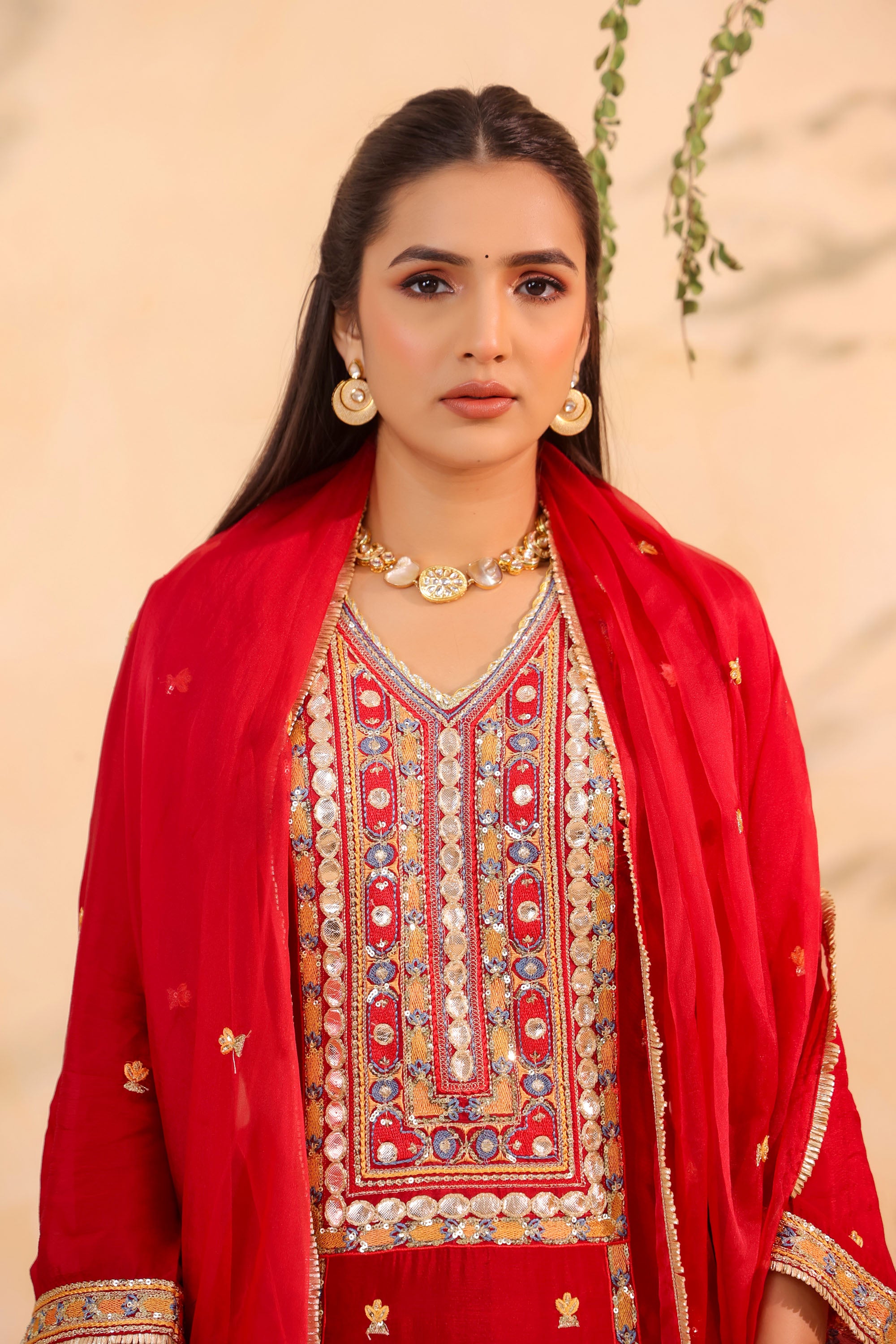 Red Chinon Silk Embroidere Farsi Suit Set With Dupatta