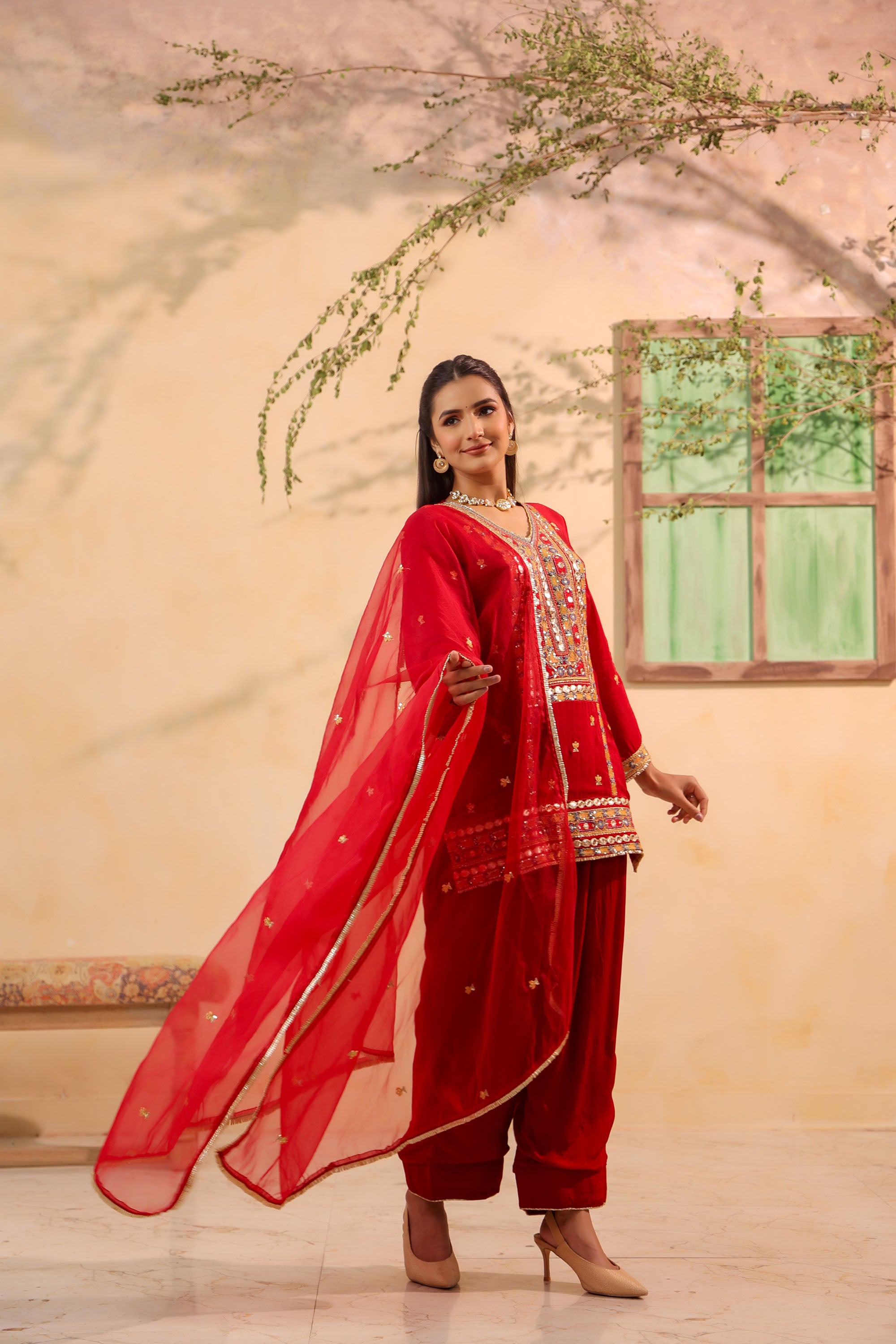 Red Chinon Silk Embroidere Farsi Suit Set With Dupatta