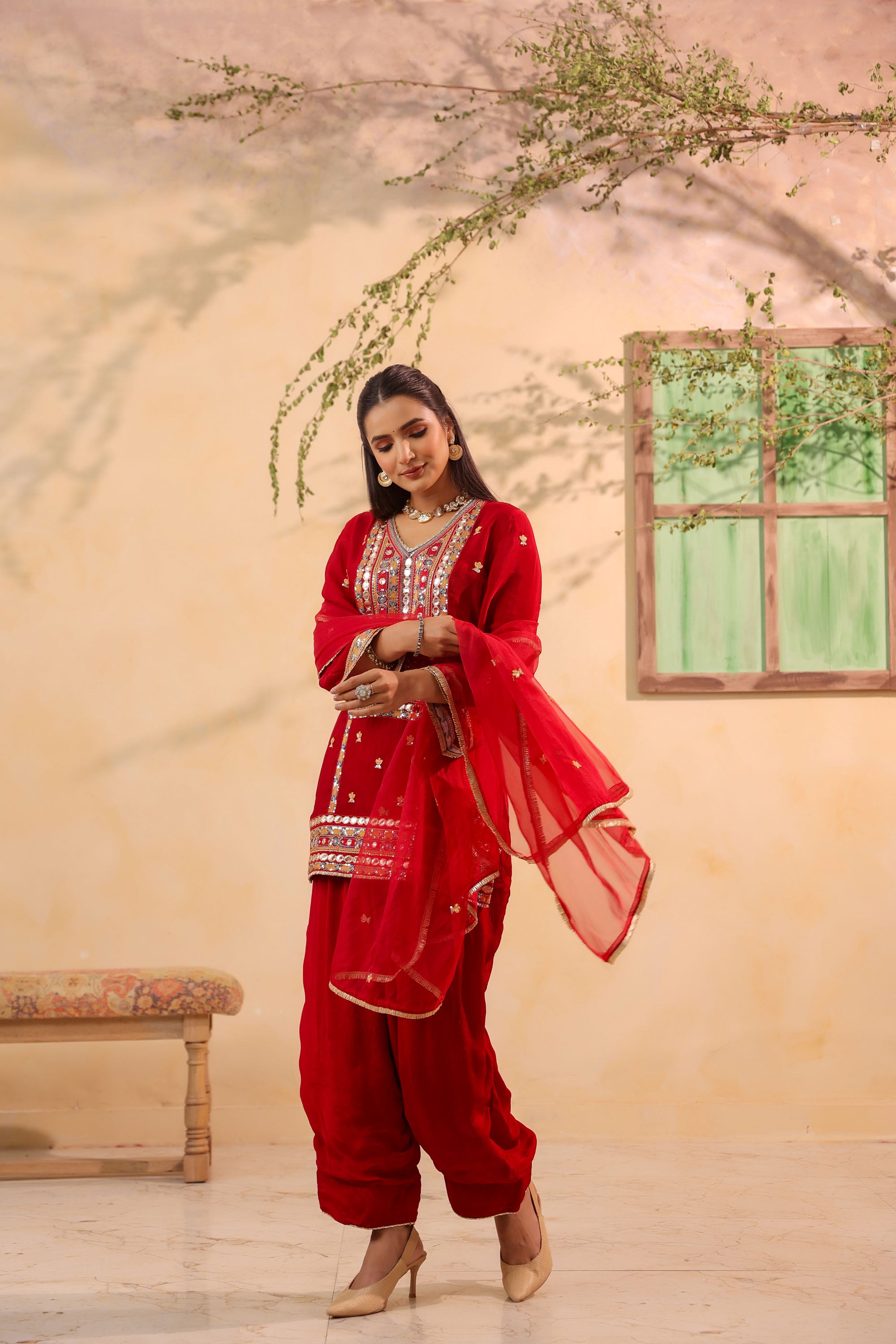 Red Chinon Silk Embroidere Farsi Suit Set With Dupatta