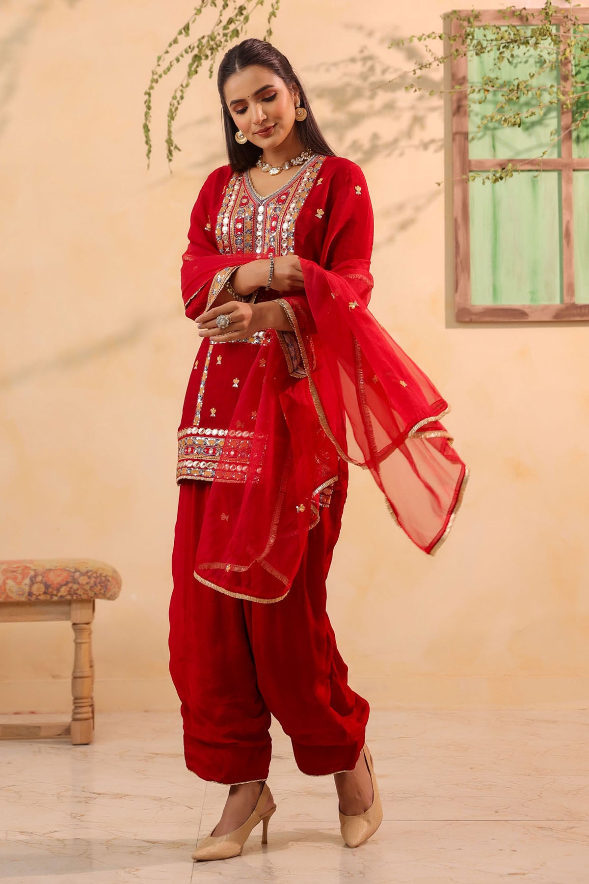 Red Chinon Silk Embroidere Farsi Suit Set With Dupatta