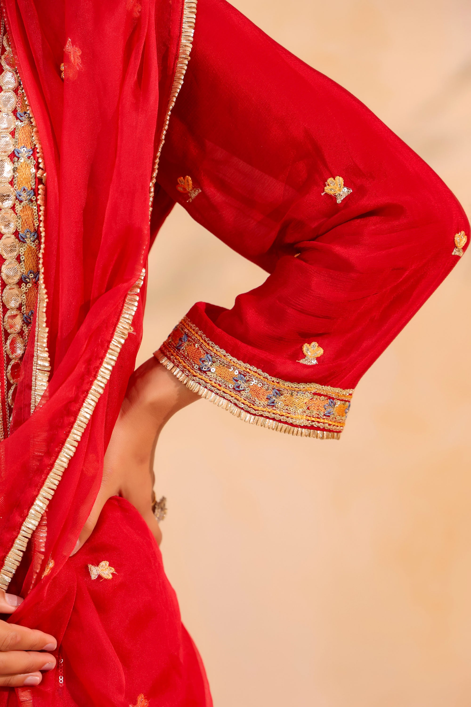 Red Chinon Silk Embroidere Farsi Suit Set With Dupatta