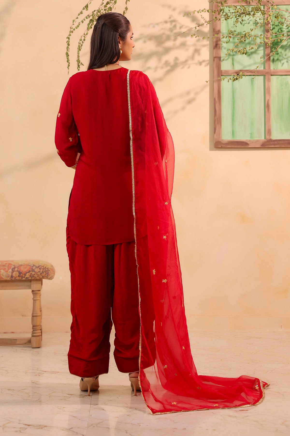 Red Chinon Silk Embroidere Farsi Suit Set With Dupatta