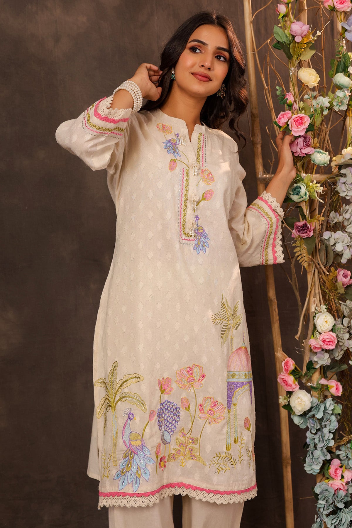 Off White Cotton Embroidered Co-Ord Set