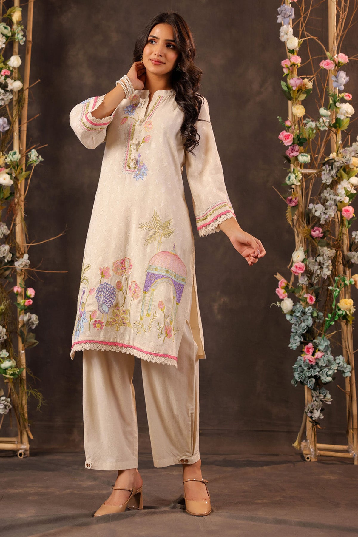 Off White Cotton Embroidered Co-Ord Set