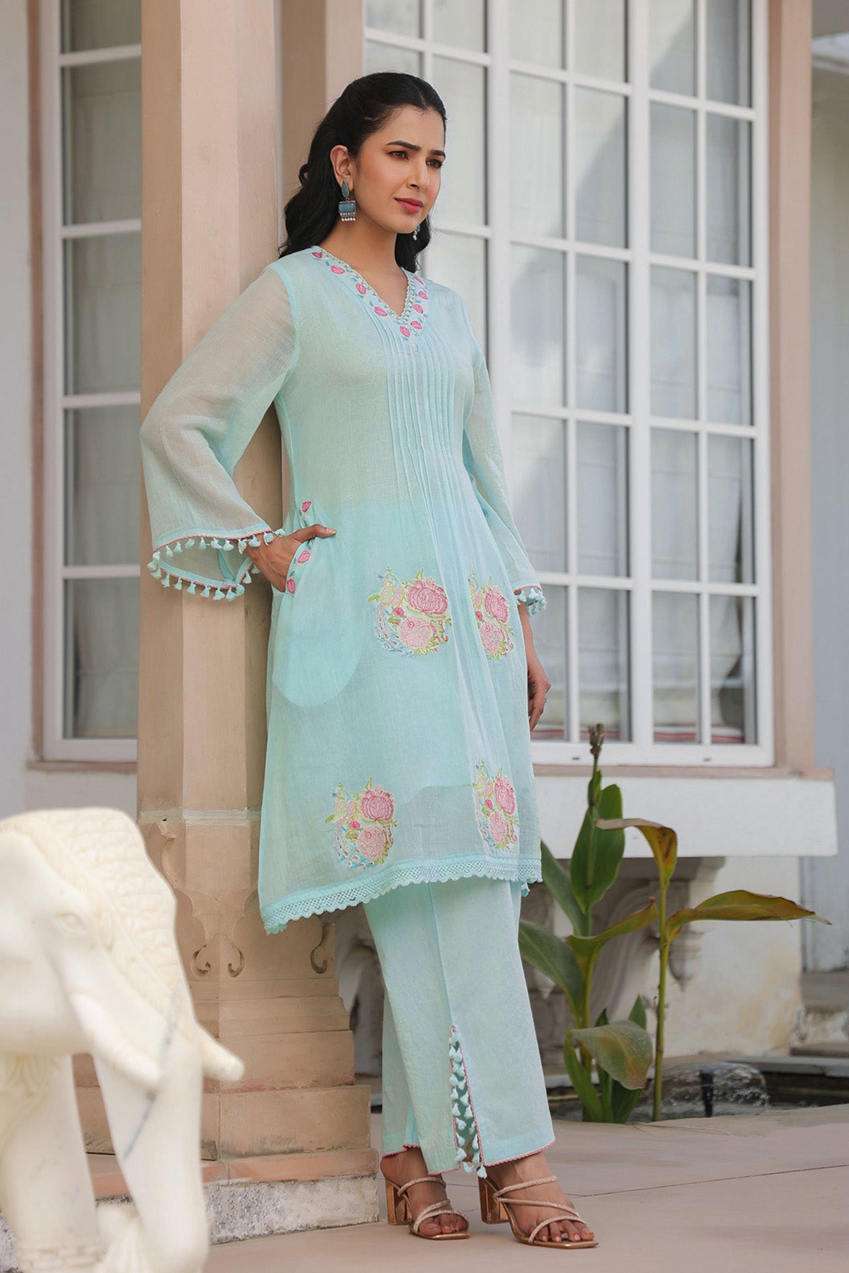 Sky Blue Mul Mul Embroidered Cord Set