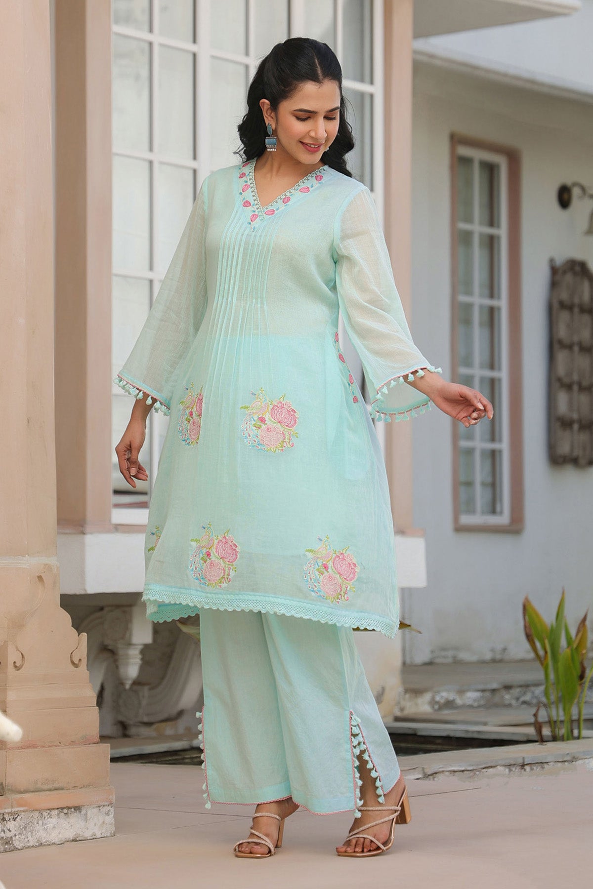 Sky Blue Mul Mul Embroidered Cord Set