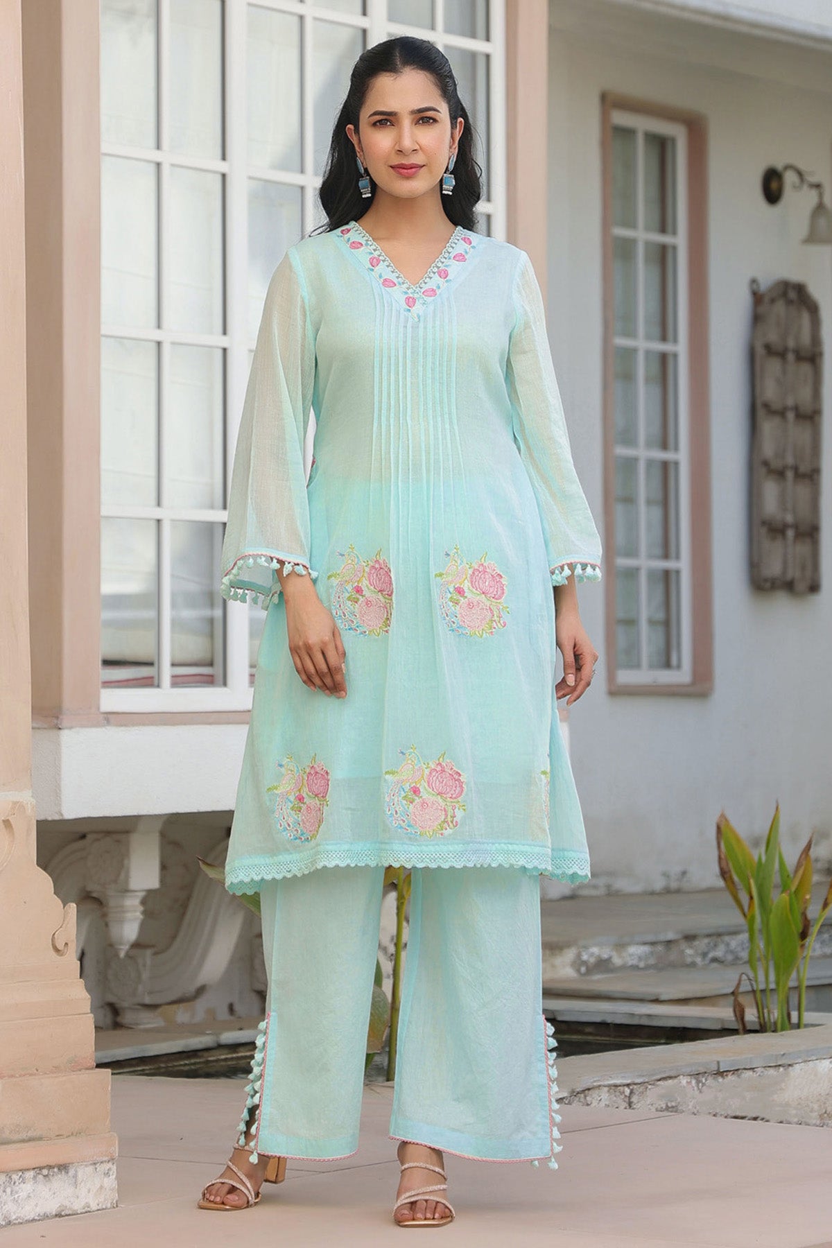 Sky Blue Mul Mul Embroidered Cord Set