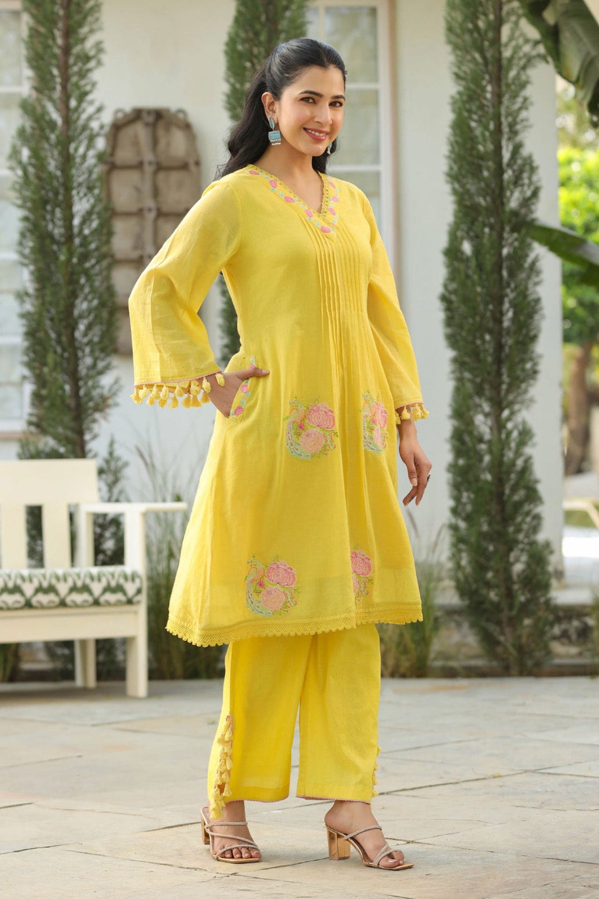 Yellow Mul Mul Embroidered Co-ord Set