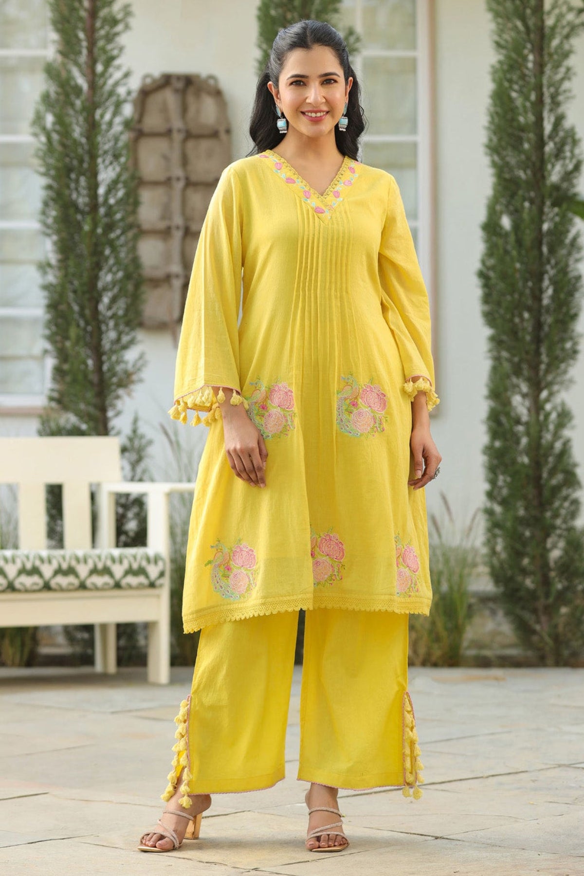 Yellow Mul Mul Embroidered Co-ord Set