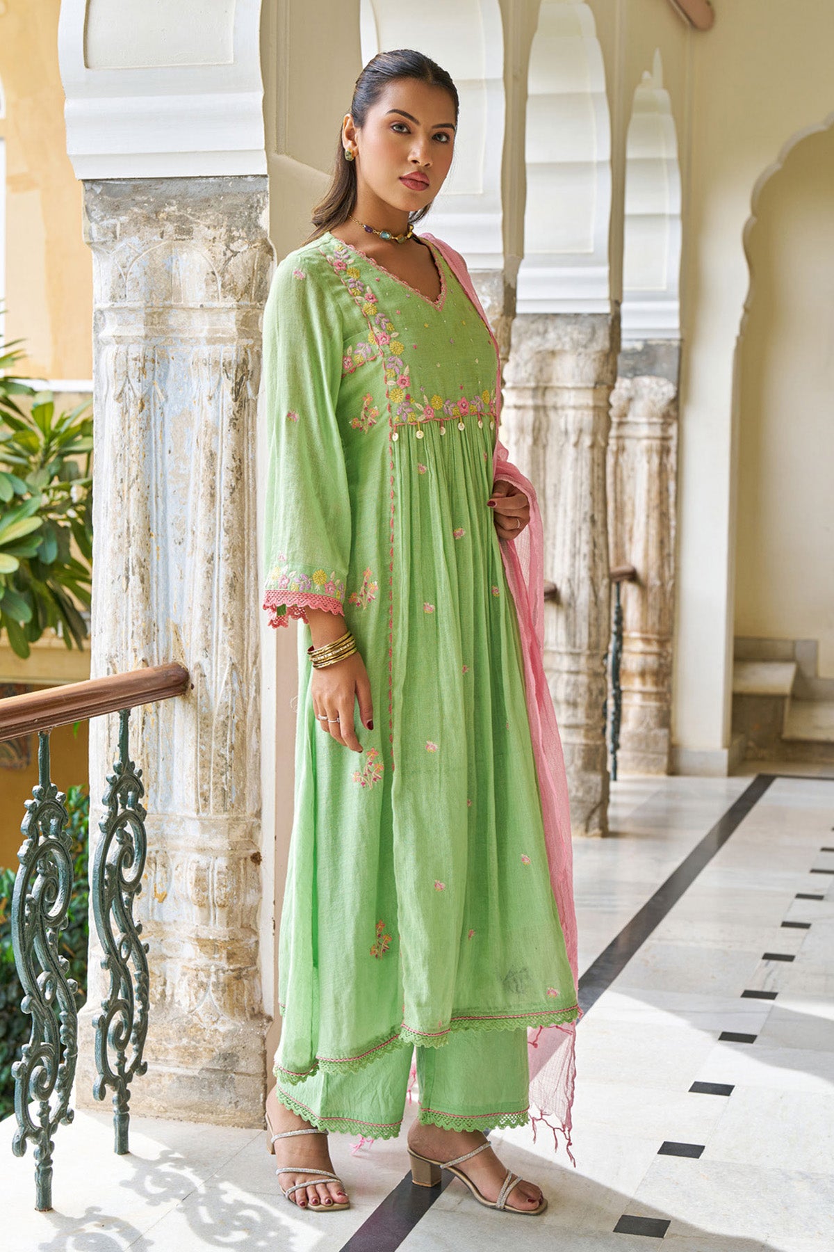 Green Mul Mul ANARKALI Suit Set With Dupatta