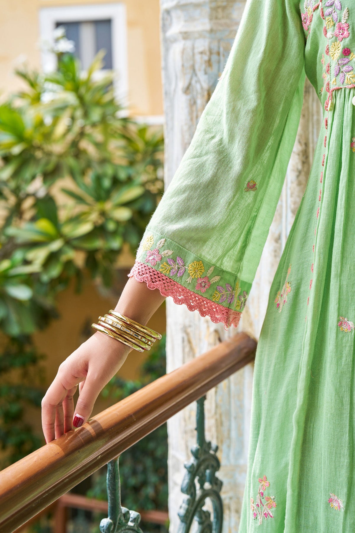 Green Mul Mul ANARKALI Suit Set With Dupatta