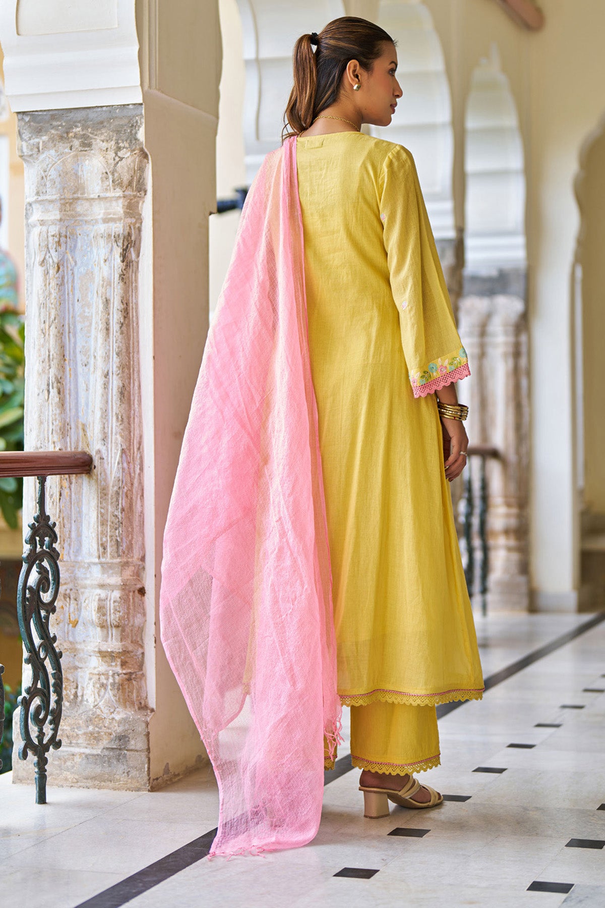 Yellow Mul Mul ANARKALI Suit Set With Dupatta