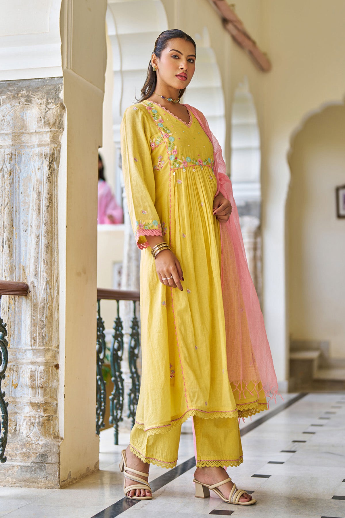 Yellow Mul Mul ANARKALI Suit Set With Dupatta