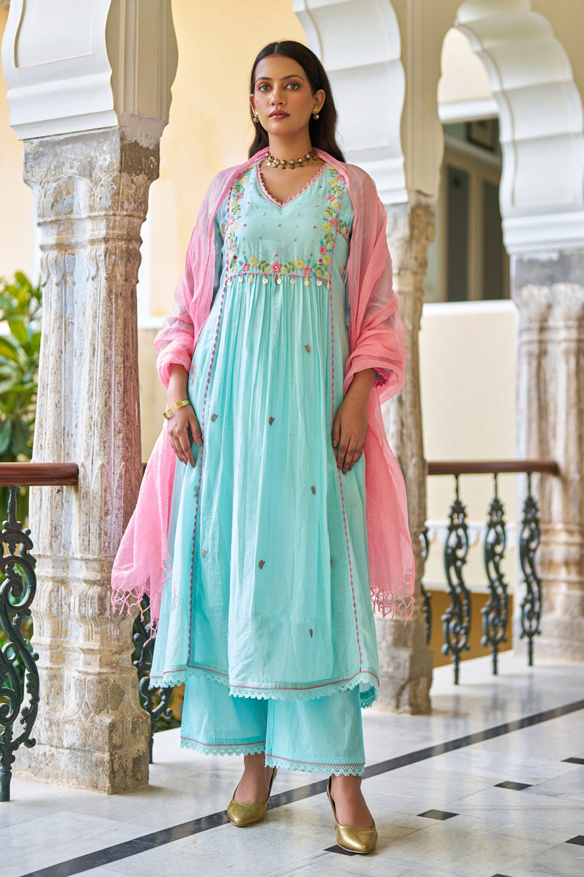 Sky Blue Mul Mul ANARKALI Suit Set With Dupatta