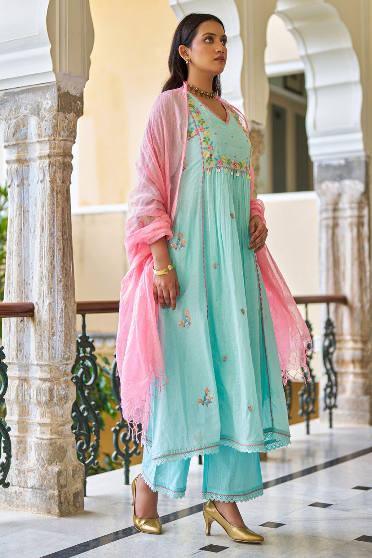 Sky Blue Mul Mul ANARKALI Suit Set With Dupatta