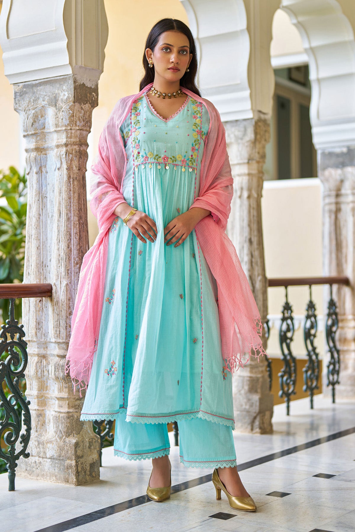 Sky Blue Mul Mul ANARKALI Suit Set With Dupatta
