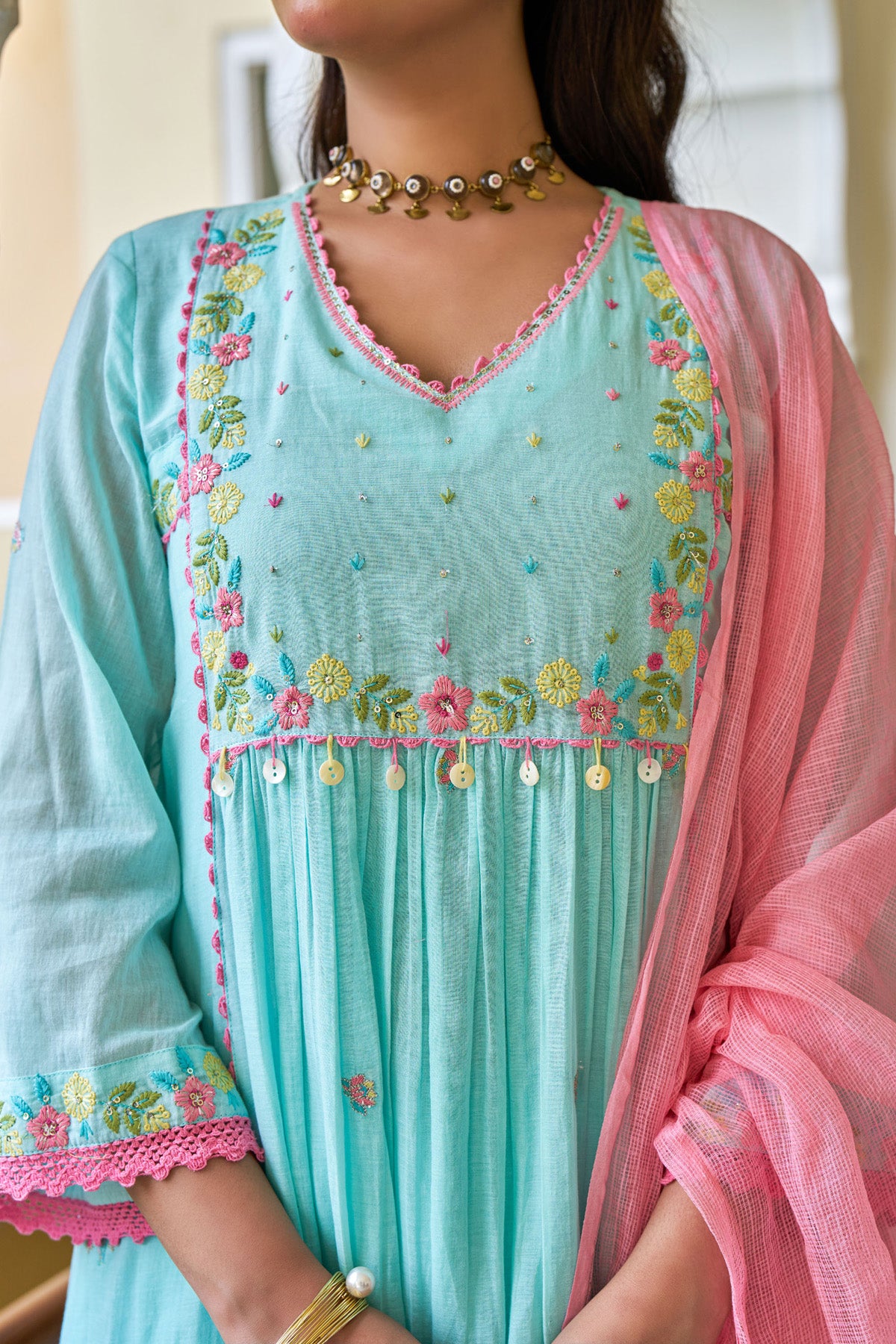 Sky Blue Mul Mul ANARKALI Suit Set With Dupatta