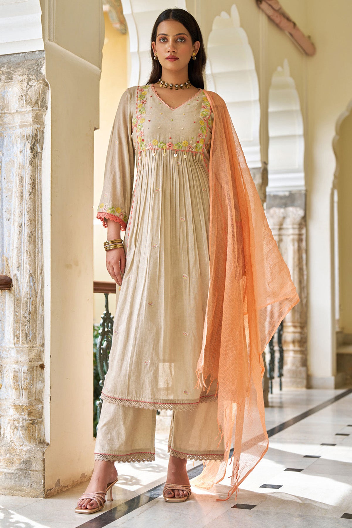 Brown Mul Mul Embroidered Anarkali Suit Set With Dupatta