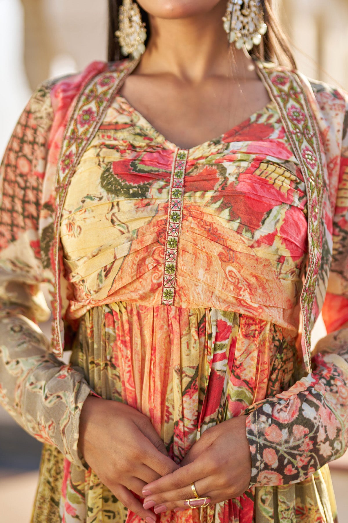 Yellow Crepe Silk Embroidered Gown Set
