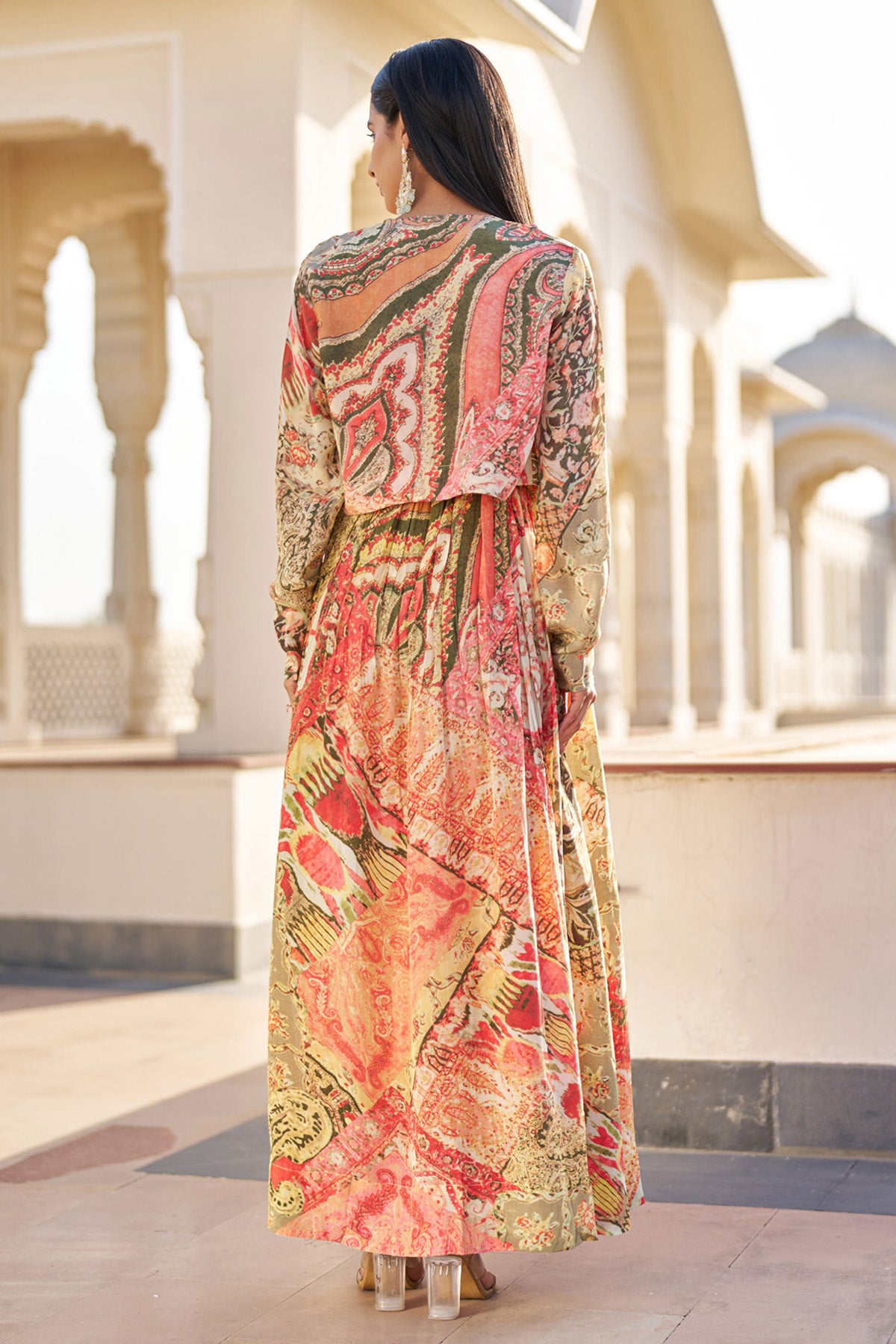 Yellow Crepe Silk Embroidered Gown Set