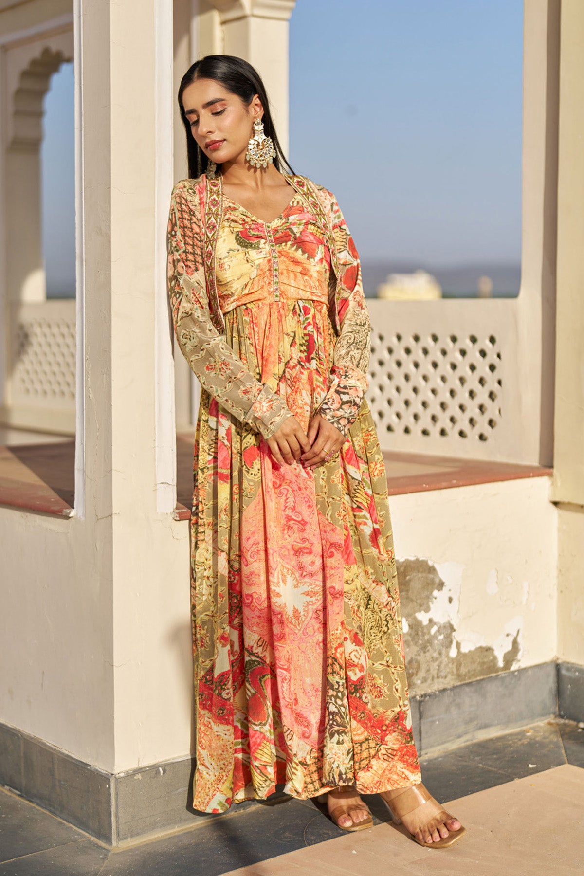 Yellow Crepe Silk Embroidered Gown Set