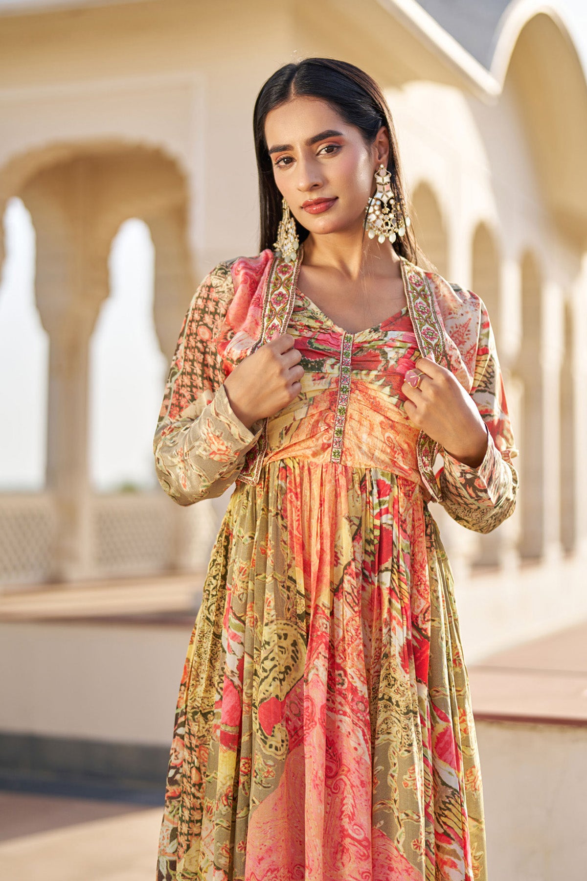 Yellow Crepe Silk Embroidered Gown Set