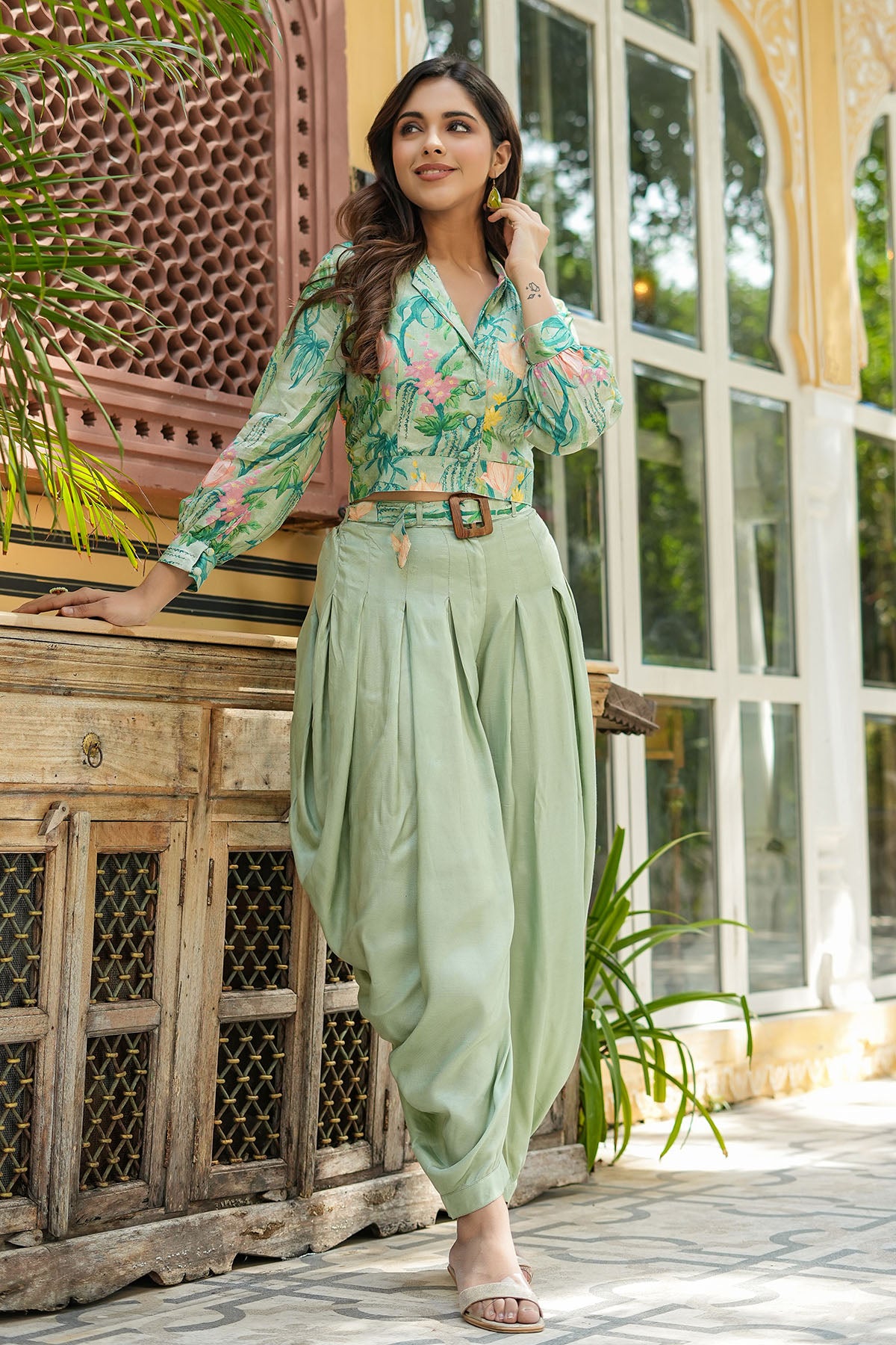 Sea Green Floral Muslin Crop Top And Dhoti Set