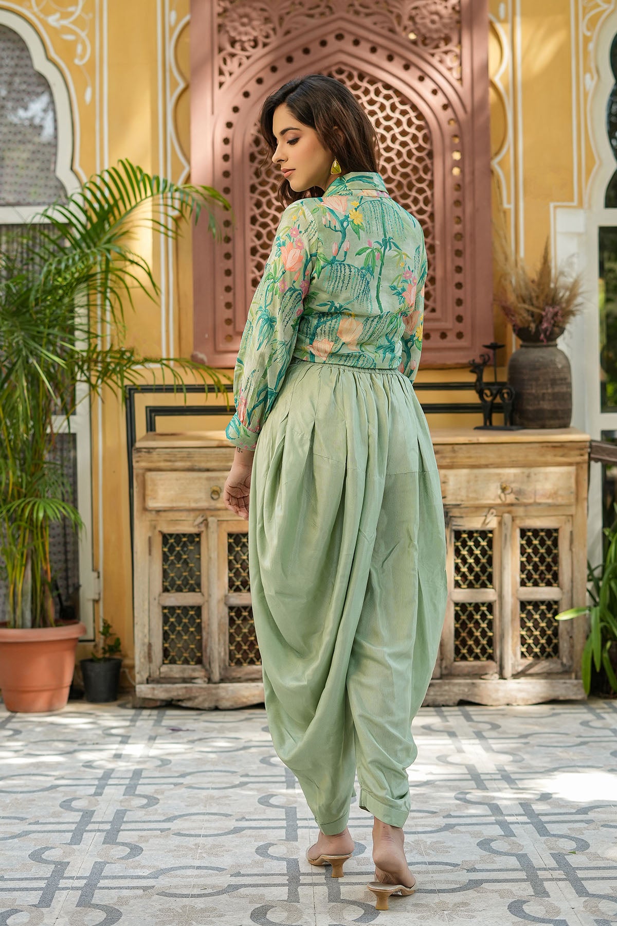 Sea Green Floral Muslin Crop Top And Dhoti Set