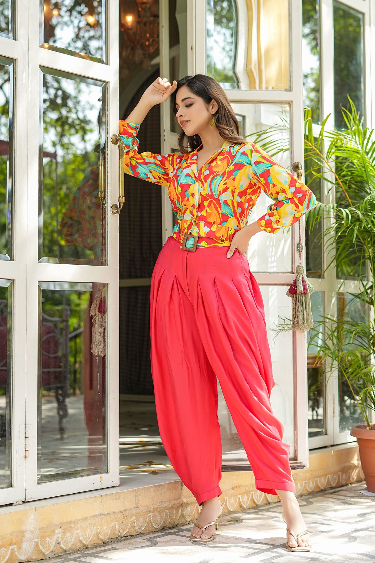 Red Floral Muslin Crop Top And Dhoti Set