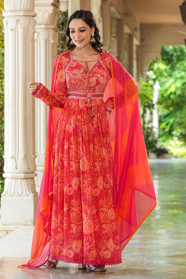 Sindoori Red Rich Hand Work Embellished Chinon Festive Gown With Dupatta