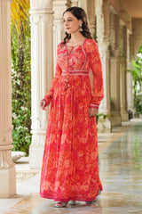 Sindoori Red Rich Hand Work Embellished Chinon Festive Gown With Dupatta
