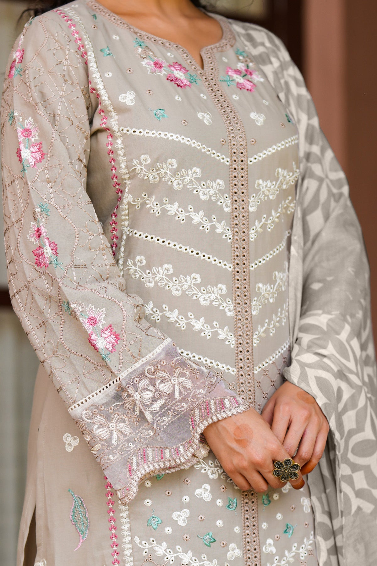 Grey Beige Cotton Embroidered Straight Suit Set With Dupatta
