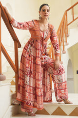 Peach Block Printed Front Open Muslin Shrug Style Suit Set