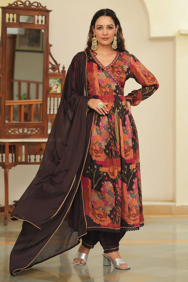 Brown Chinon Embroidered Anarkali Suit Set