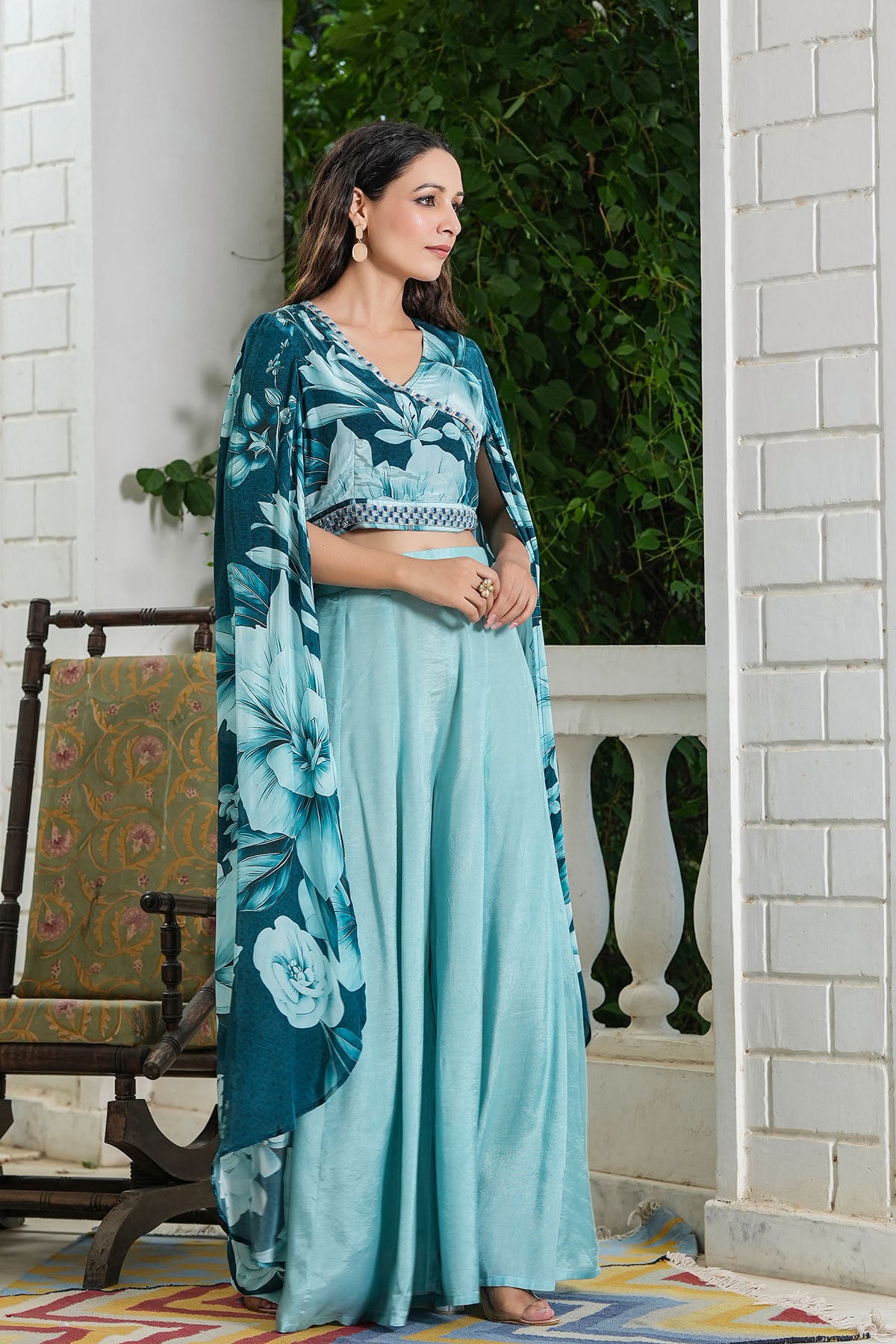 Blue Multicolour Viscose Crepe Handwork Shrug Set