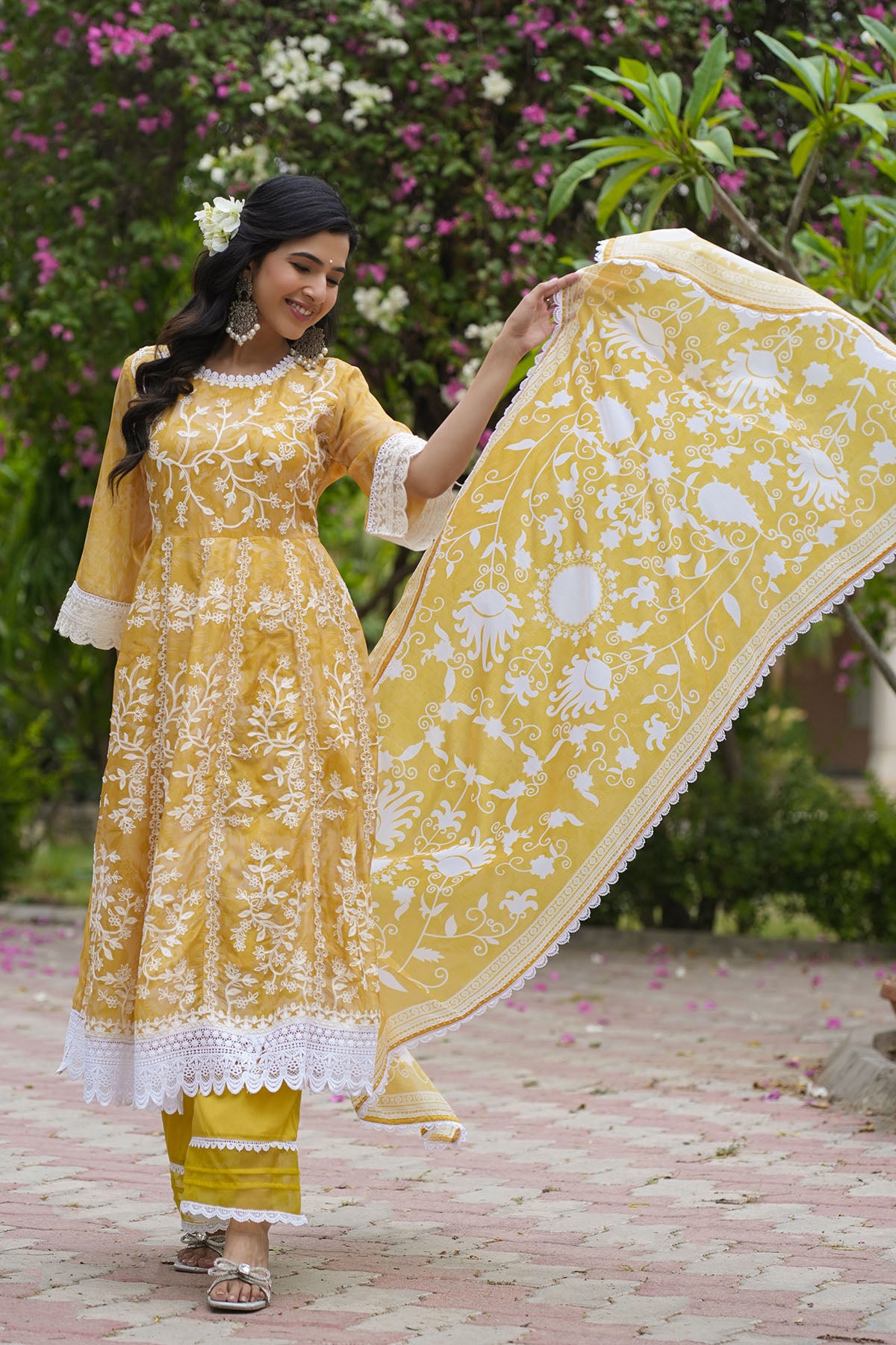 Yellow Floral Tabby Embroidered Anarkali Suit