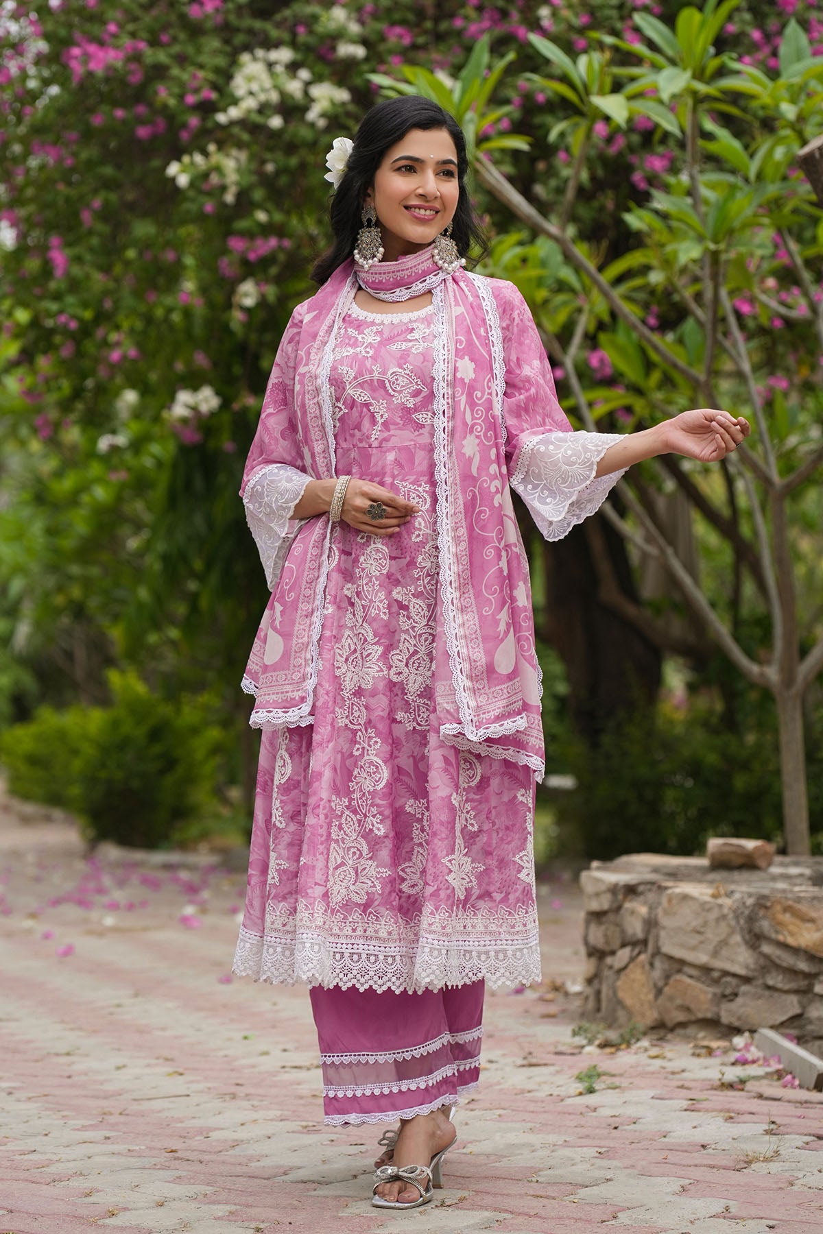 Pink Floral Tabby Embroidered Anarkali Suit