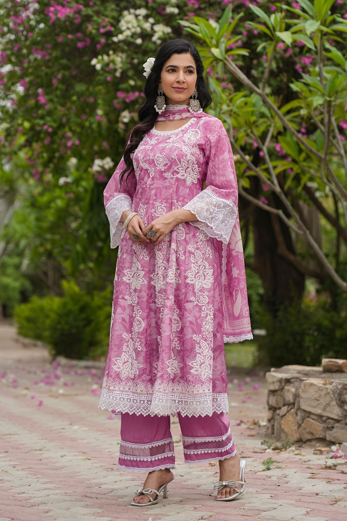 Pink Floral Tabby Embroidered Anarkali Suit