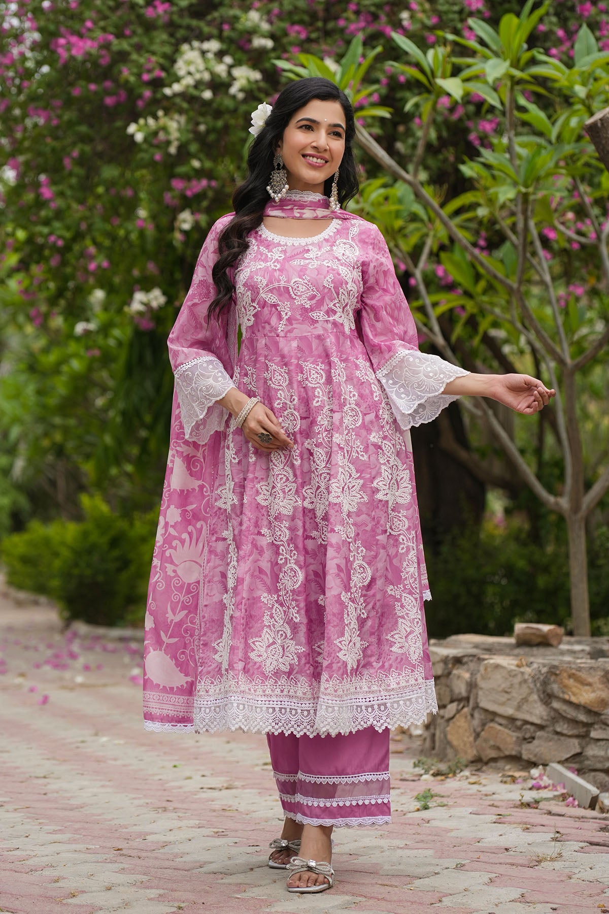 Pink Floral Tabby Embroidered Anarkali Suit
