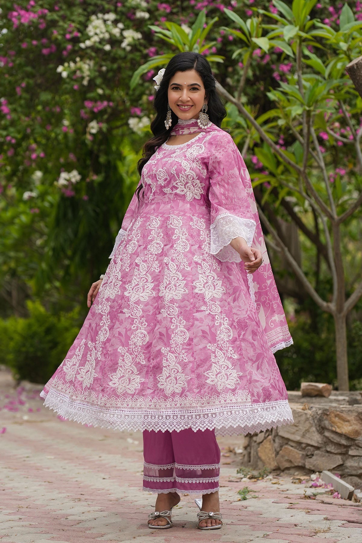 Pink Floral Tabby Embroidered Anarkali Suit