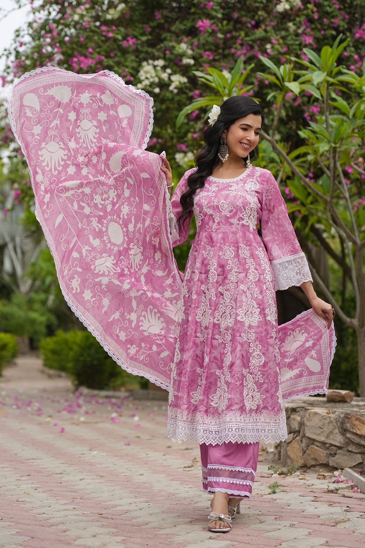 Pink Floral Tabby Embroidered Anarkali Suit