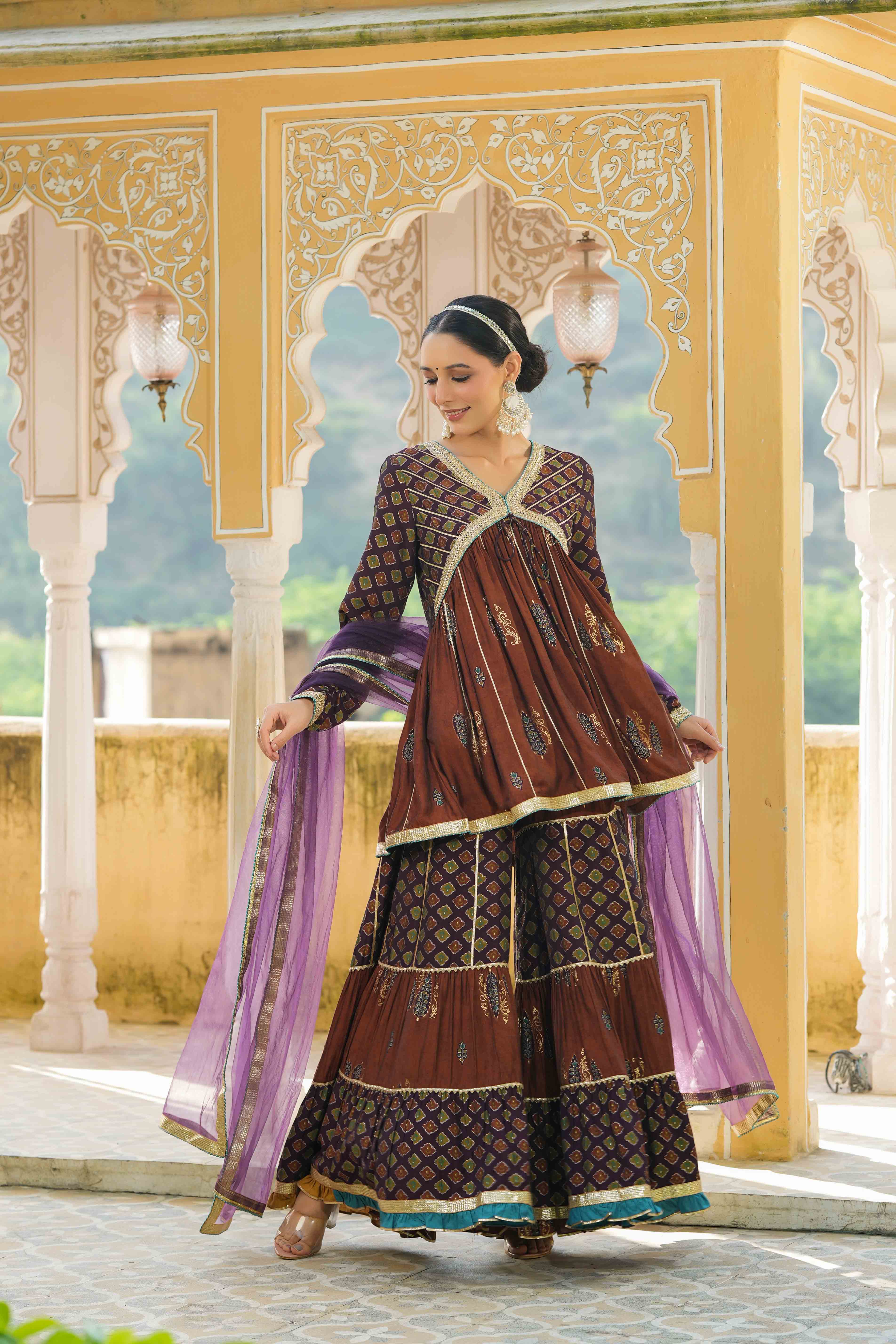 Brown Muslin Gotapatti Sharara Set
