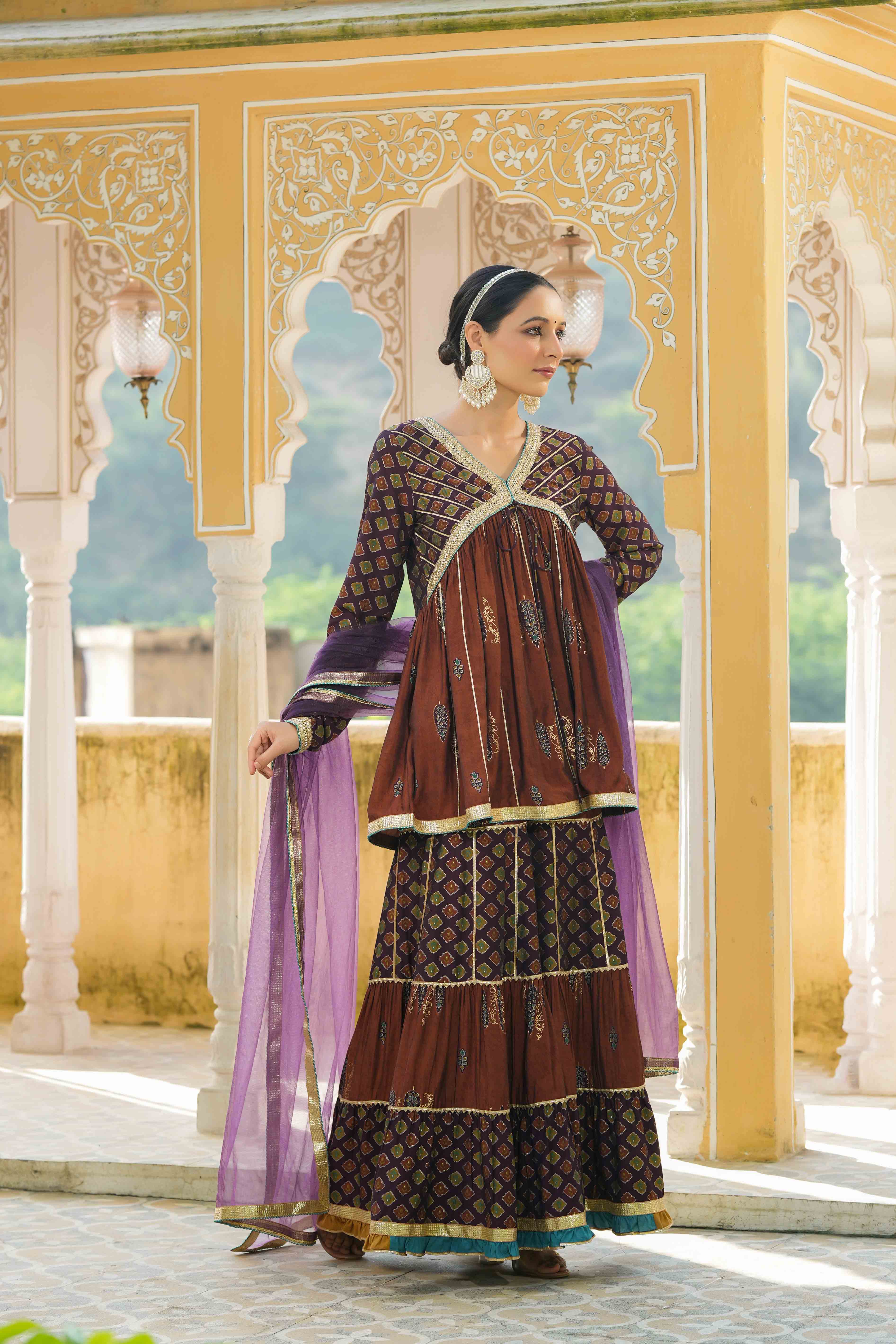 Brown Muslin Gotapatti Sharara Set
