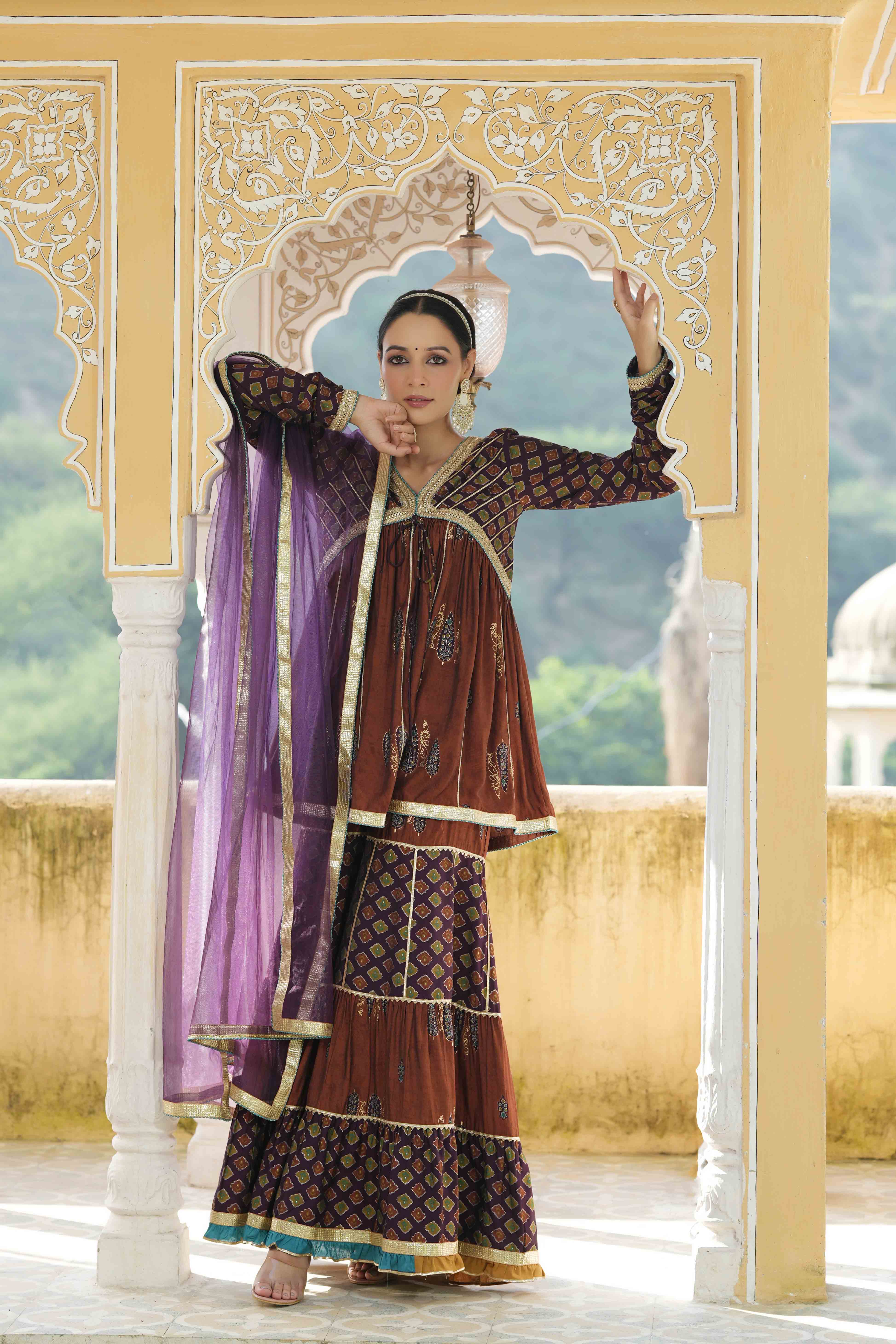 Brown Muslin Gotapatti Sharara Set