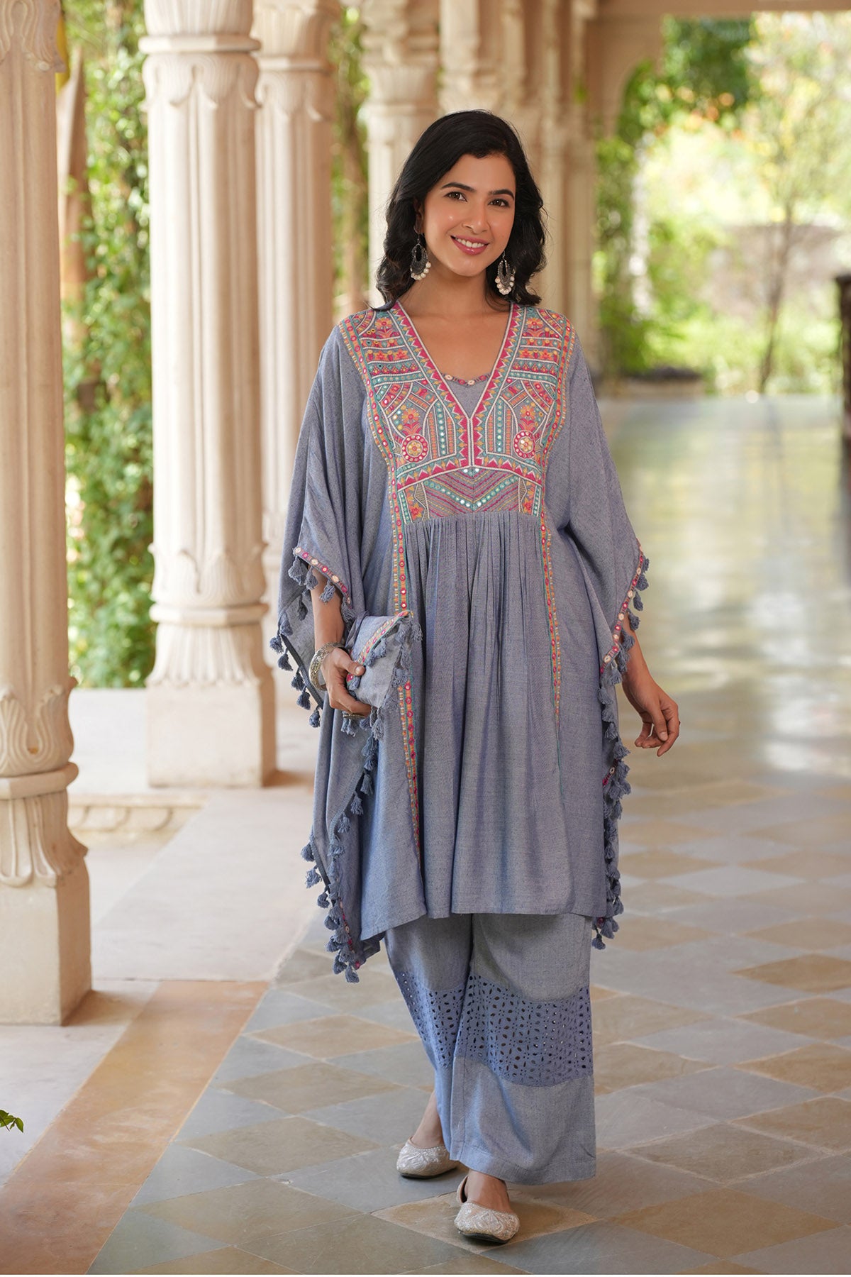 Sky Embroidered Kaftan Set With Purse