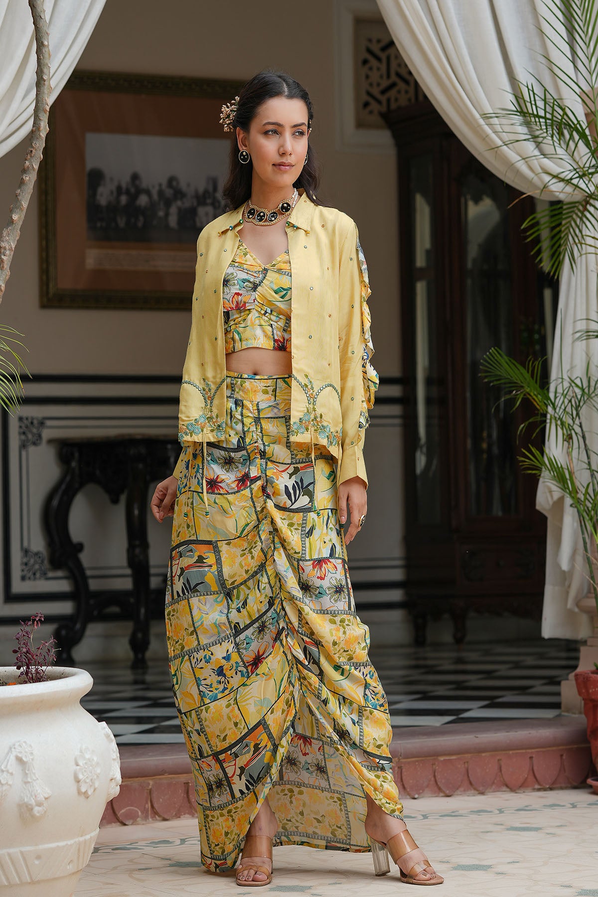 Yellow Multicolor Muslin Jacket And Dhoti Set