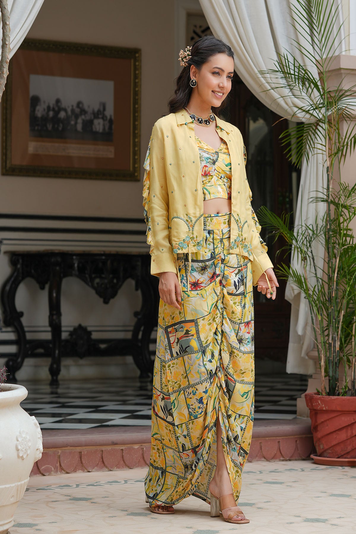Yellow Multicolor Muslin Jacket And Dhoti Set
