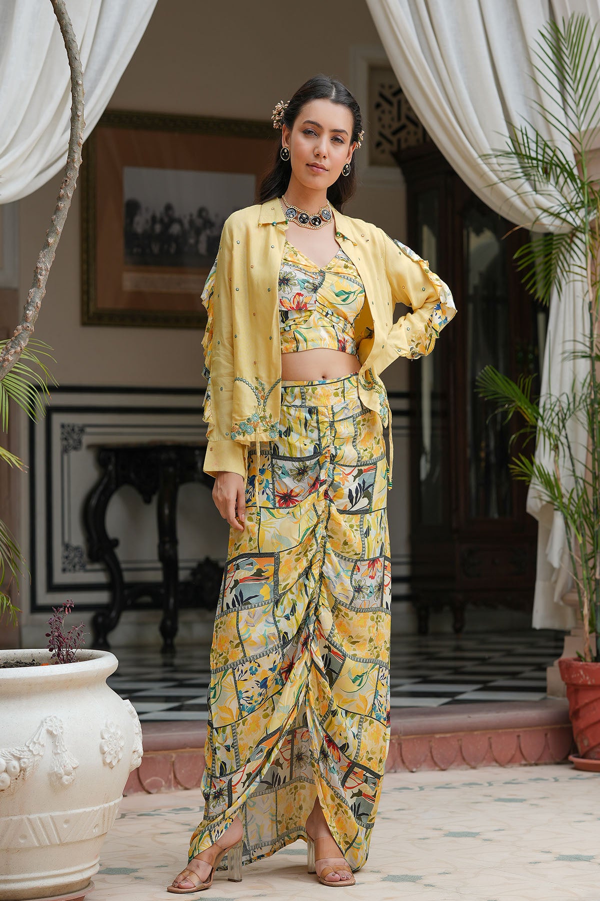 Yellow Multicolor Muslin Jacket And Dhoti Set